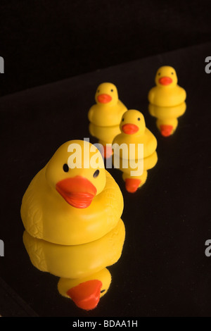 Family of rubber ducks reflected in water - black background Stock Photo