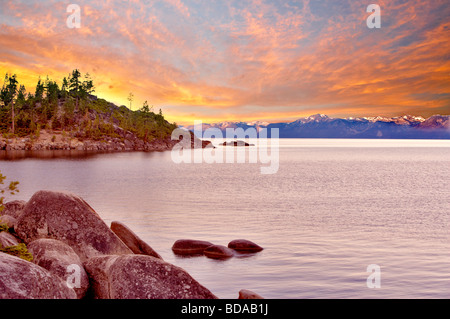 Shore of Lake Tahoe with sunrise California Nevada Stock Photo