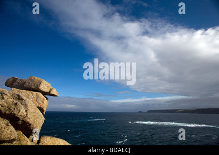 View from vantage point near Land's End, Cornwall, looking out across Sennen Cove to Cape Cornwall Stock Photo