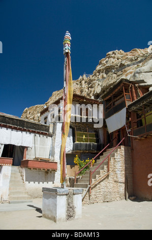 Prayer flag in front of a monastery, Tak Thog Monastery, Ladakh, Jammu and Kashmir, India Stock Photo