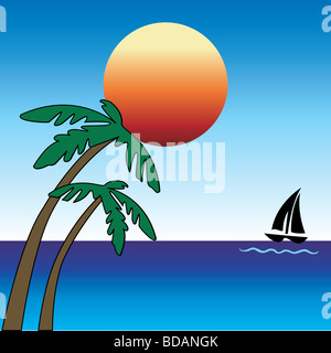 Summer day with Palm Trees and Sailboat. Stock Photo