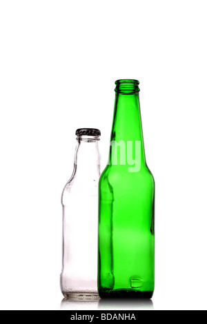 empty open green beer bottles isolated on white Stock Photo