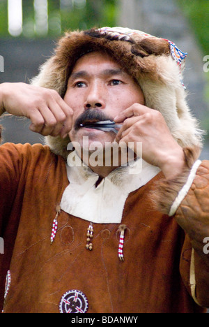 Indigenous Koryak musician performing in Kamchatka , Russia Stock Photo