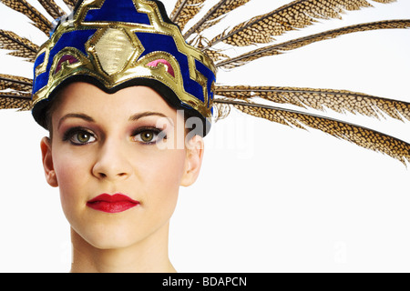 Portrait of an Aztec dancer wearing headdress Stock Photo