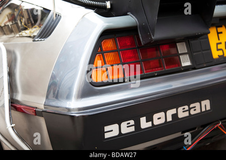 Detail of the famous car used in the hit American movie Back to the Future. The car was a modified silver De Lorean Stock Photo