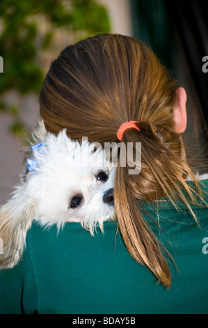 A young girl shows affection and love for her Havanese puppy by holding the little dog close to her heart. Stock Photo