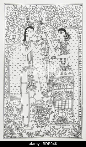 Madhubani painting depicting lord Krishna and radha Stock Photo