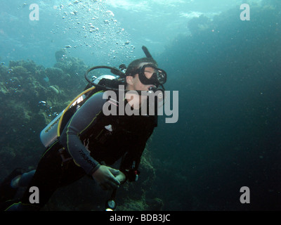 Indonesia Sulawesi Wakatobi National Park underwater young scuba diver learning to dive underwater Stock Photo