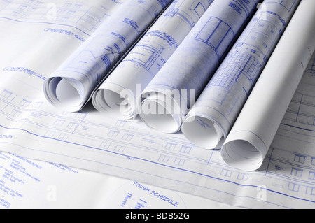 Rolls of architectural blueprint on a drawing table Stock Photo