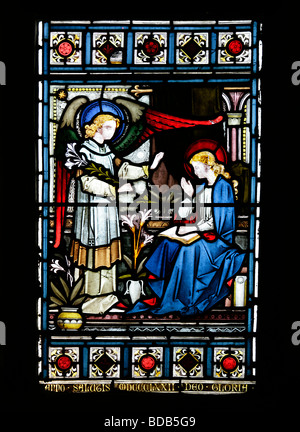 Stained glass window by Bell & Almond of 1872 depicting the Annunciation to the Virgin Mary Earls Barton Church Northamptonshire Stock Photo