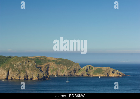Looking across to the bays and rugged cliffs of Greater Sark, from La Coupée, Island of Sark, Channel Islands