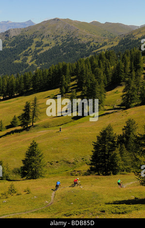 Three mountain bikers ride across an alpine meadow high in the mountains above Sauze D'oulx in the Italian Alps Stock Photo