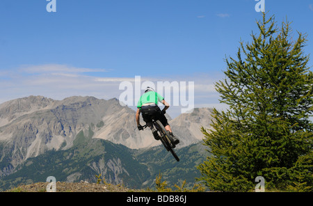 A mountain biker jumps next to a pine tree high above Sauze D'oulx in the Italian Alps Stock Photo