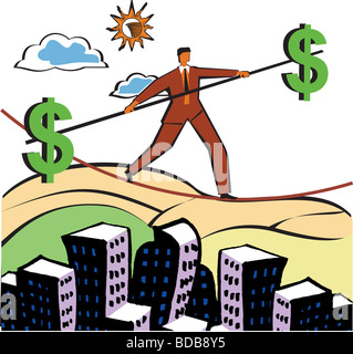 Businessman walking on a tightrope with a pole with dollar signs on ends Stock Photo