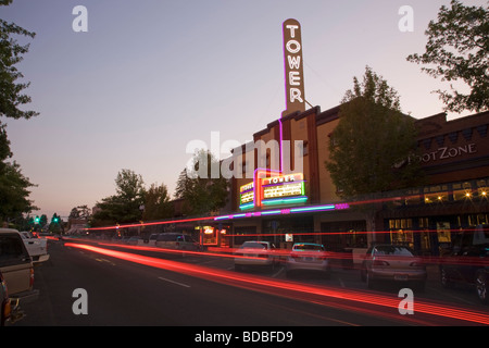 Historic Tower theater and shops on Wall Street in Downtown Bend Oregon. Stock Photo