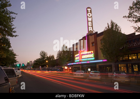 Historic Tower theater and shops on Wall Street in Downtown Bend Oregon. Stock Photo