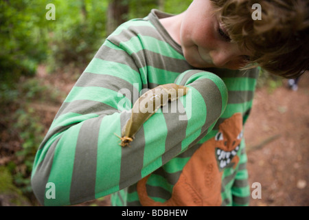 giant banana slug crawling up a boy's arm in a rainforest, Vashon Island, Washington, USA Stock Photo