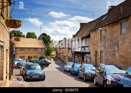 Street in historic Northleach, Gloucestershire, England, UK with half timbered store Stock Photo