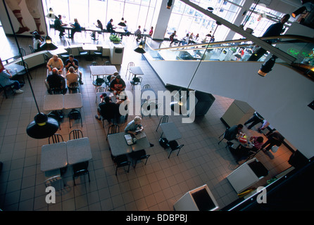 People lounge at a terminal tower in Cleveland, Ohio Stock Photo