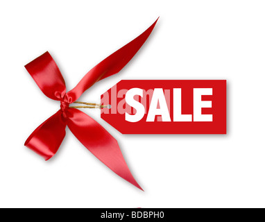 A birthday tag with a red ribbon and bow. The text 'Happy Birthday' on the  top Stock Photo - Alamy