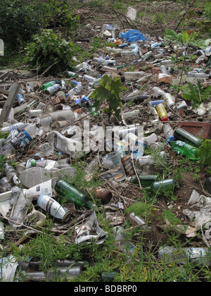 Bottles and drinks cans dumped on waste ground near Aston University Birmingham litter rubbish UK Stock Photo