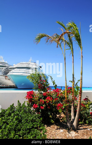 Tropical island of Grand Turk with cruise ships and palm trees British West Indies Stock Photo