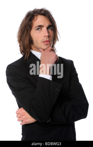 Young businessman with hand on chin isolated over white Stock Photo
