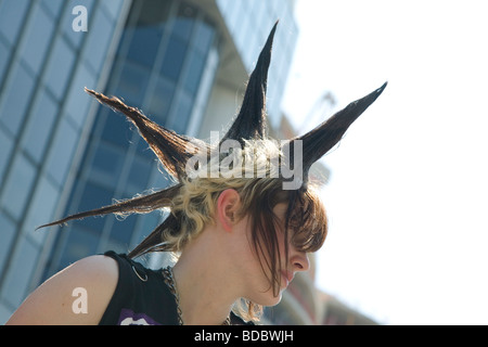 A punk girl 'Rae Ray Riots' with a large Mohican, Shoreditch, London, UK .2009