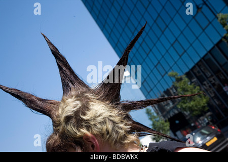 A punk girl 'Rae Ray Riots' with a large Mohican, Shoreditch, London, UK .2009