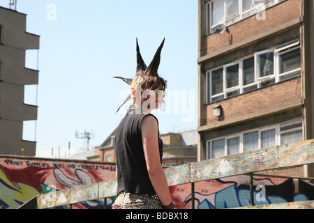 A punk girl 'Rae Ray Riots' with a large Mohican, Shoreditch, London, UK .2009