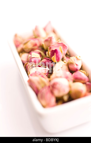 High-key image of  dried red roses in a white porcelain container Stock Photo