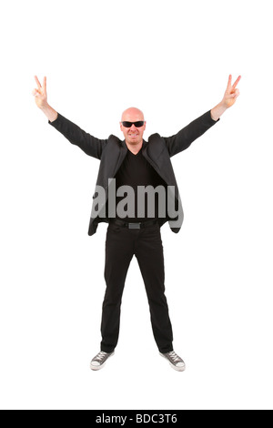 bald headed man, holding both arms upwards by showing the victory sign Stock Photo