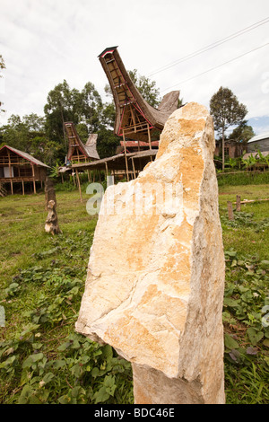 Indonesia Sulawesi Tana Toraja Rante royal funeral site newly installed stone megalith Stock Photo