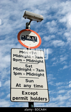 british road sign showing parking restrictions and vehicle weight limit, beneath cirrocumulous clouds in east sheen, southwest london, england Stock Photo