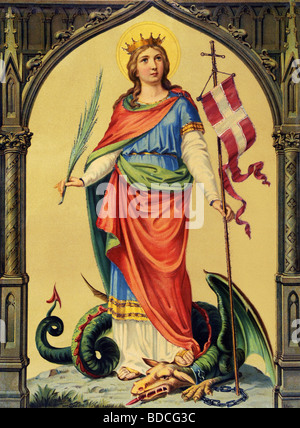 Margaret of Antioch, Saint, circa 300 AD, martyr and virgin, full length, riding on a dragon, Germany, circa 1880, Stock Photo