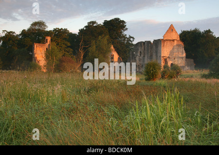 Minster Lovell hall ruins on the Windrush river at sunrise. Stock Photo