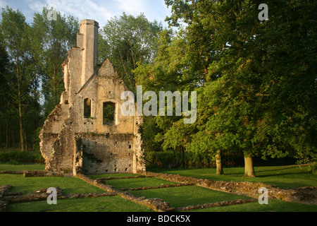 Minster Lovell hall ruins on the Windrush river at sunrise. Stock Photo