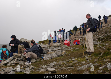 Pilgrim with walking stick climbing stops to look at the crowds, Croagh Patrick on Reek Sunday, 25th July 2009 Stock Photo