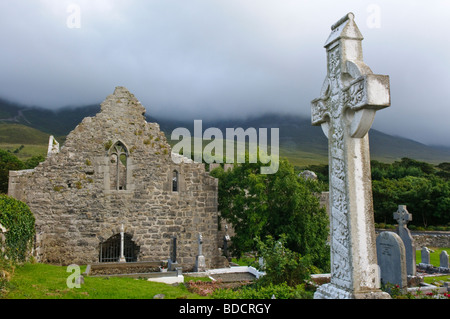 Murrisk Abbey, Westport, County Mayo, with Croagh Patrick in the background, shrouded in cloud. Stock Photo