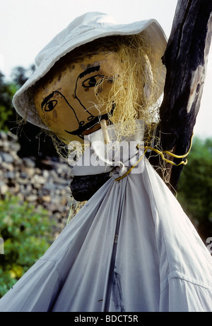 Scarecrow with cigarette in mouth, hung around the neck, Crete, Greece, Europe Stock Photo