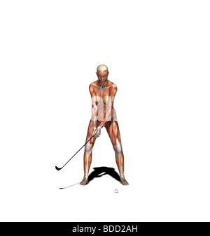 muscle woman as golfer iron golf club Stock Photo