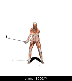 muscle woman as golfer iron golf club Stock Photo