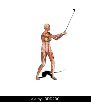 muscle woman as golfer iron golf club Stock Photo