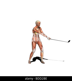 muscle woman as golfer iron golf club Stock Photo