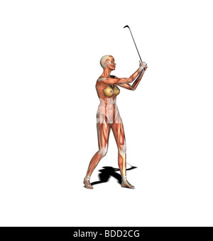 muscle woman as golfer iron golf club Stock Photo