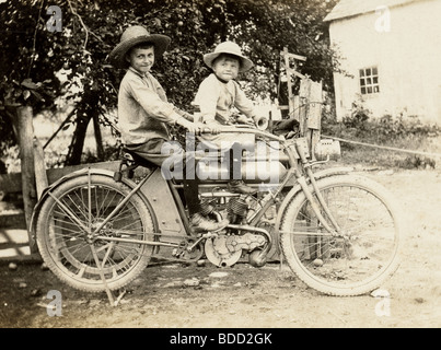 Two Boys on Yale Brand Motorcycle Stock Photo