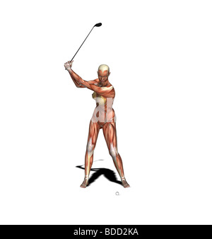 muscle woman as golfer iron golf club Stock Photo