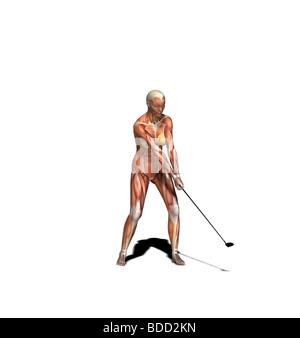 muscle woman as golfer iron golf club Stock Photo