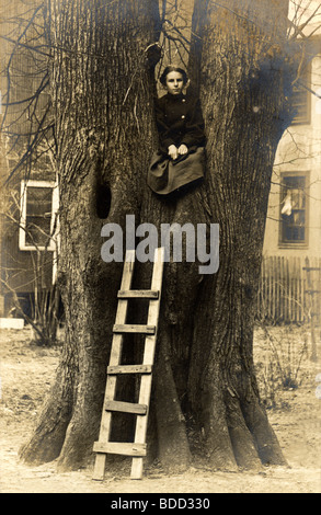 Little Girl Perched in Crook of Tree Stock Photo