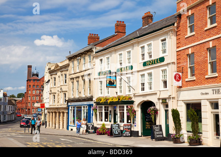 Devizes, Wiltshire, UK - The Black Swan Hotel and shops in the Market Place at Devizes, Wiltshire, UK Stock Photo